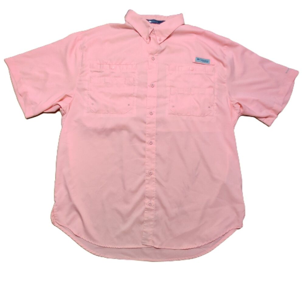 Columbia PFG Omni-Shade Fishing Shirt Mens Large Pink Short Sleeve Button Up
